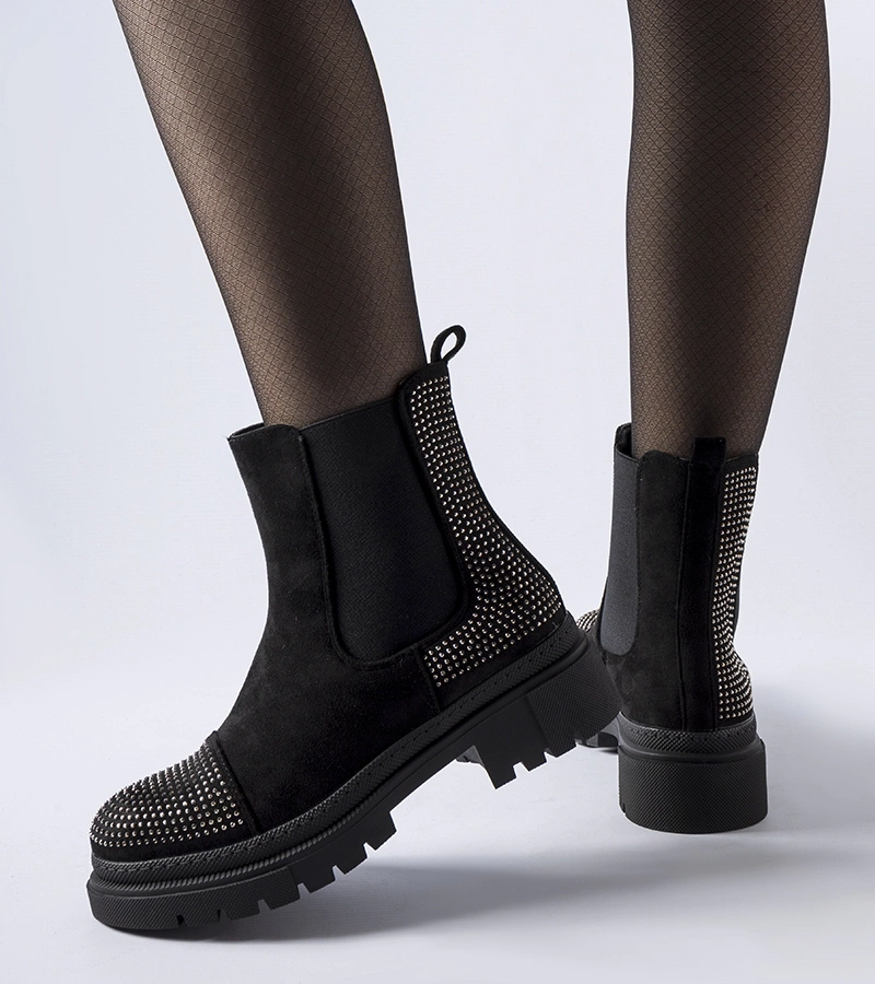 Czarne botki z cyrkoniami eko-zamsz