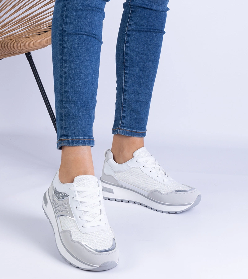 Hers Sneakersy Damskie Białe z Brokatem i Cyrkoniami