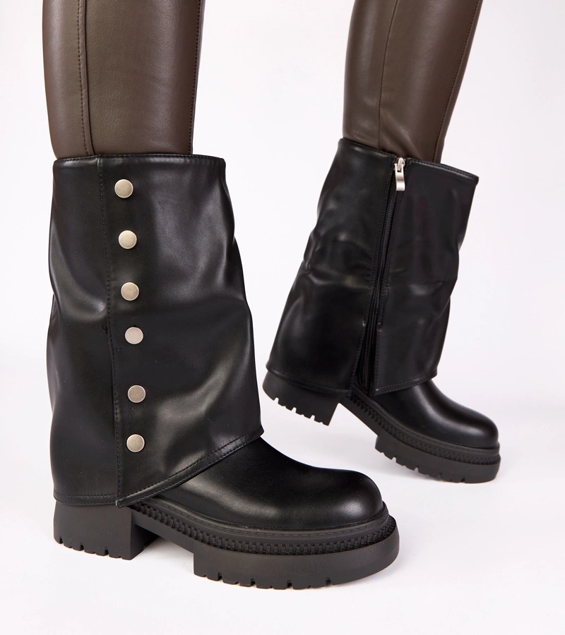 Hers Czarne botki z wywiniętą cholewką na platformie