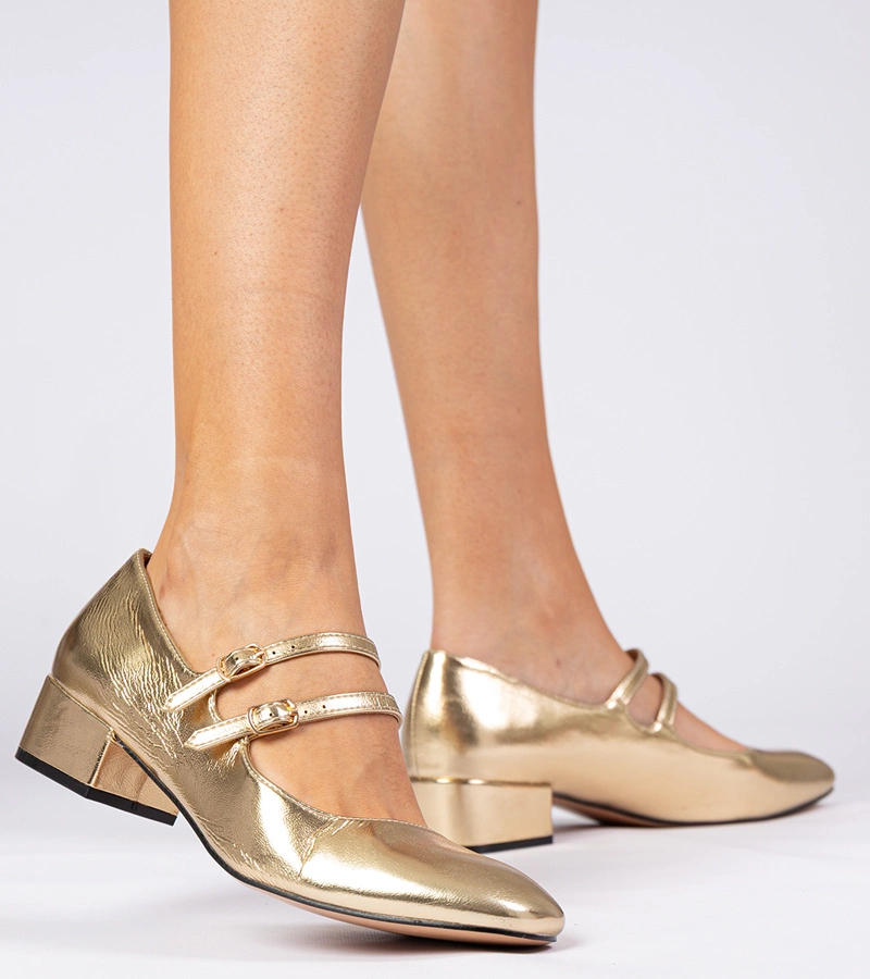 Hers Złote czółenka damskie na słupku ze sprzączkami