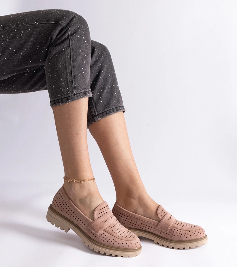 Różowe ażurowe mokasyny z eko zamszu