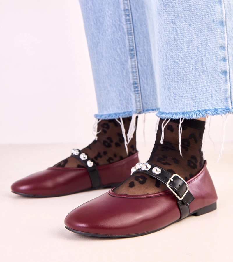 Hers Bordowe baleriny ze zdobioną sprzączką