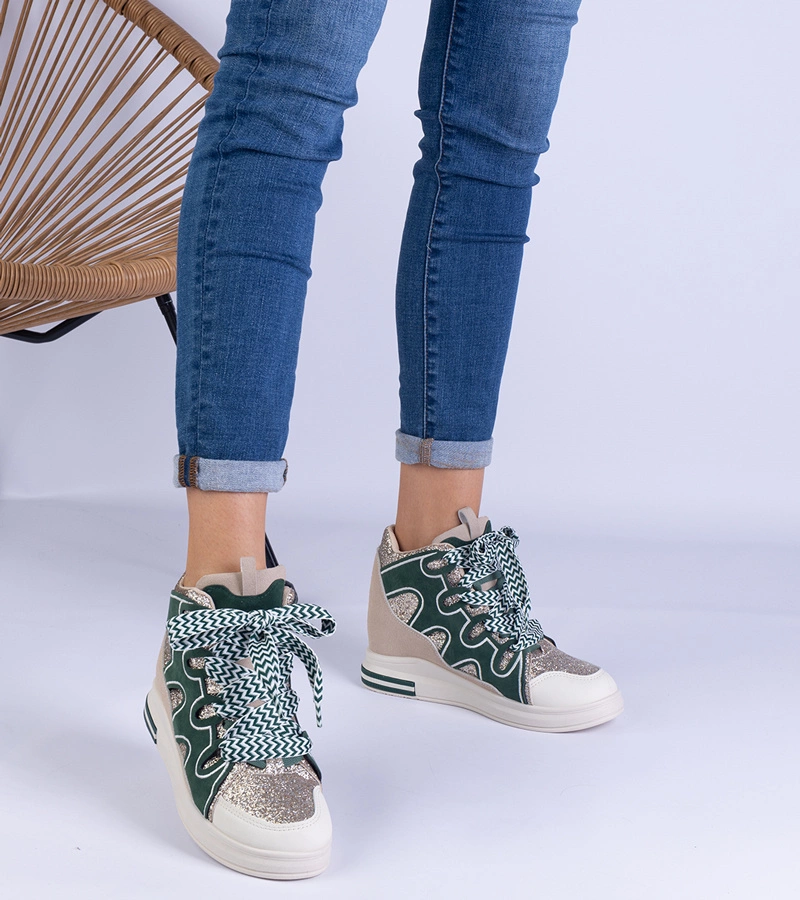 Hers Sneakersy Damskie Zielone z Grubymi Sznurówkami i Brokatem