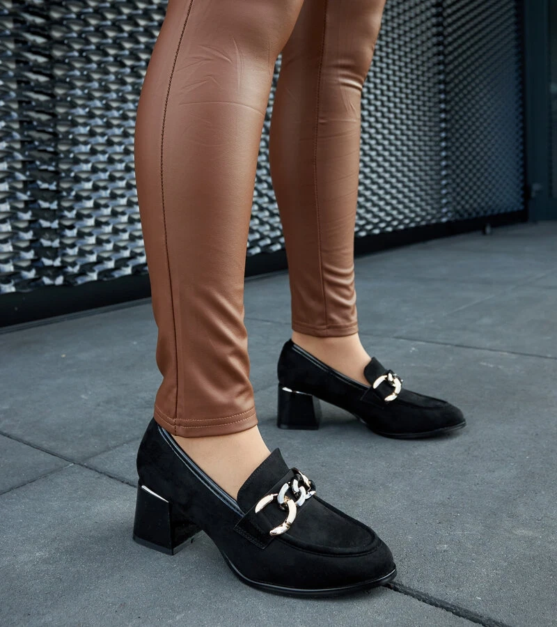 Czarne czółenka na klocku eko-zamsz