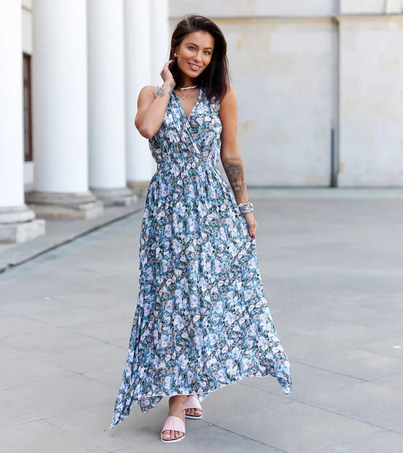 Sukienka maxi w kwiaty z gumka w pasie