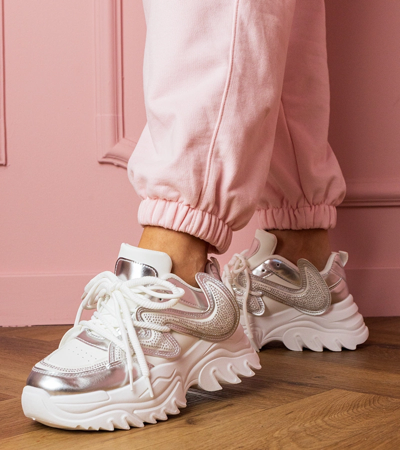 Hers Białe sneakersy na masywnej podeszwie z cyrkoniami