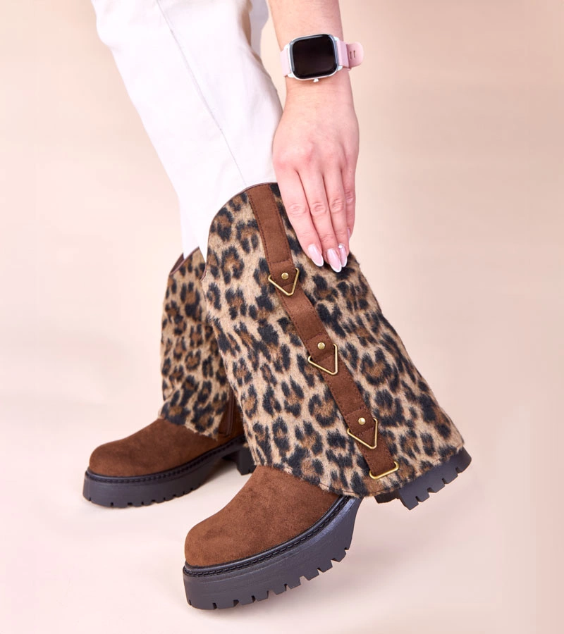Hers Brązowe botki z panterkową wywiniętą cholewką