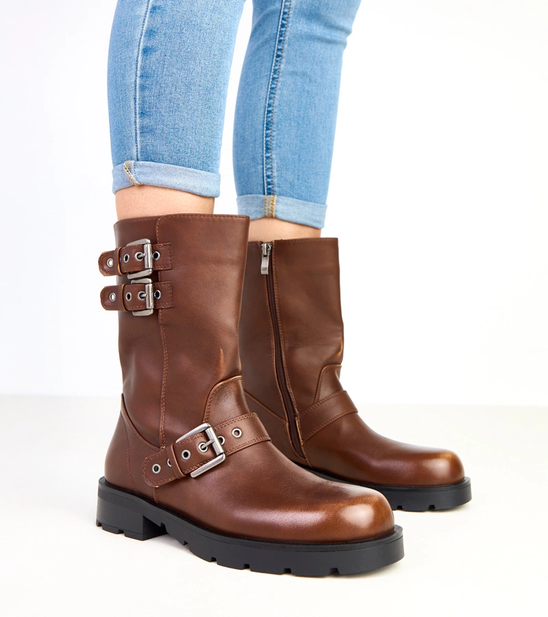 Hers Brązowe damskie botki z ozdobnymi sprzączkami