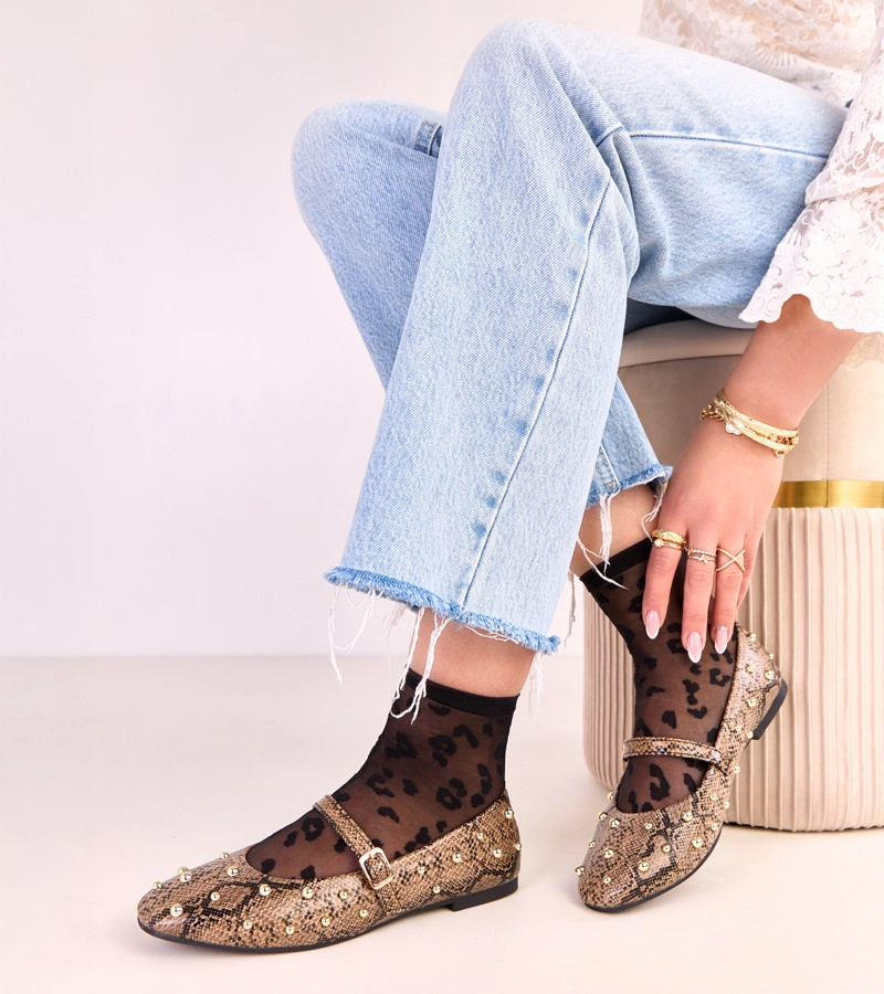 Hers Brązowe baleriny z motywem skóry węża zdobione perełkami