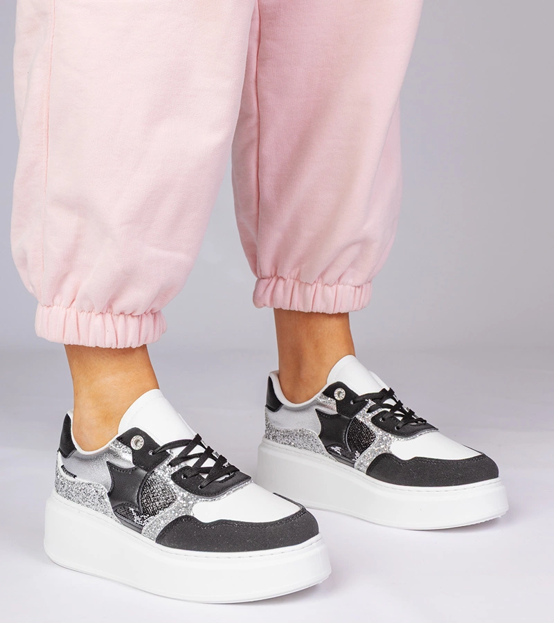 Hers Czarne sneakersy z brokatem i zwierzęcym drukiem