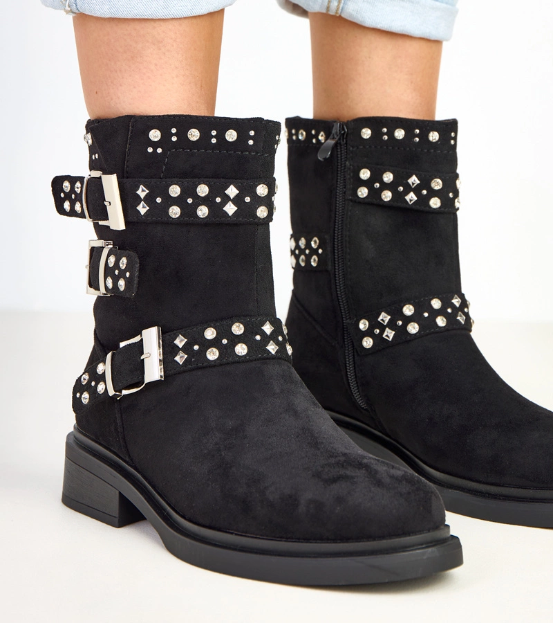 Hers Czarne damskie botki z cyrkonami