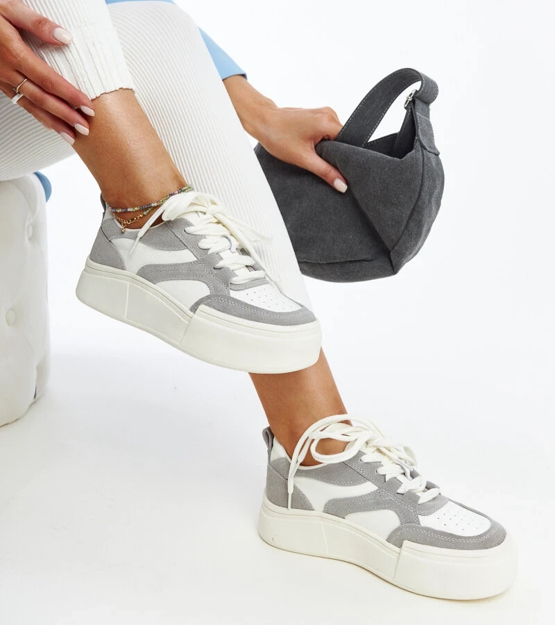 Szaro-białe sneakersy  skórzane na grubej podeszwie