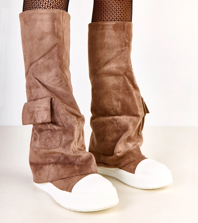 Hers Brązowe kozaki ekozamszowe z wywiniętą cholewką