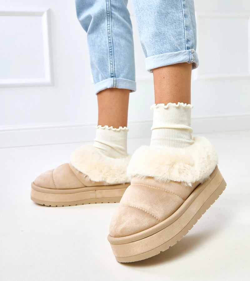 Hers Beżowe krótkie śniegowce ocieplane futerkiem