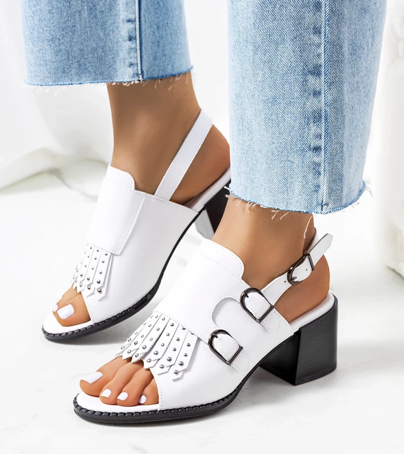 Hers Białe skórzane sandały z cholewką