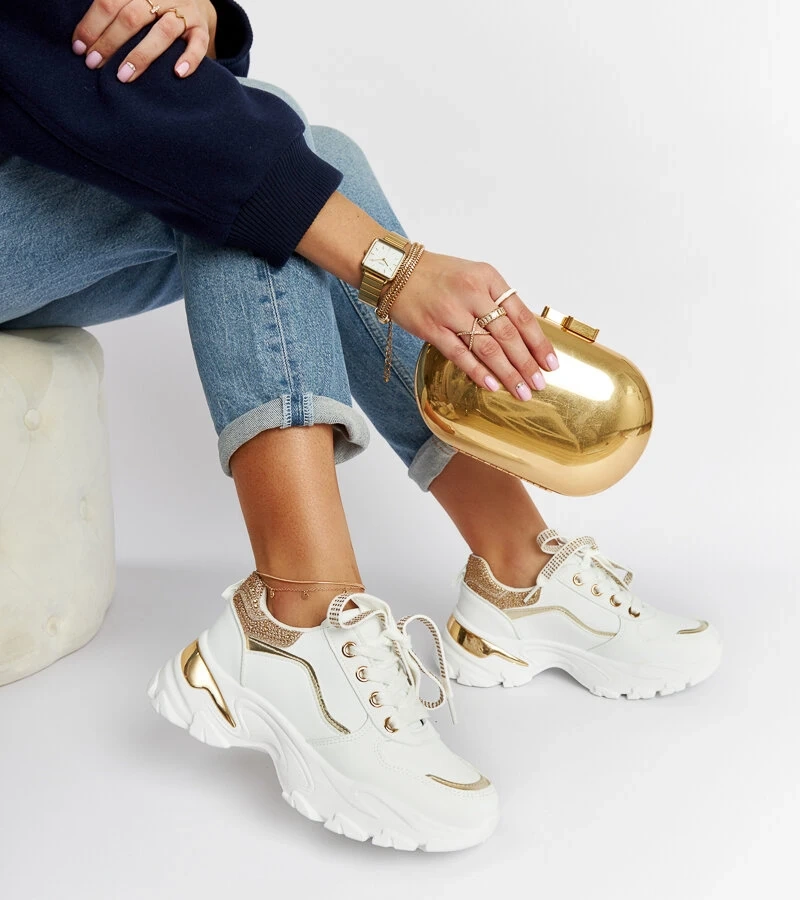 Białe masywne sneakersy z cyrkoniami