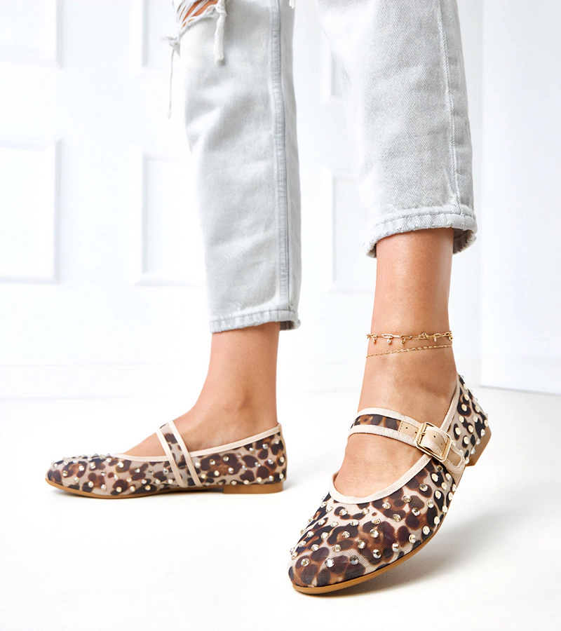 Hers Panterkowe balerinki siateczkowe z kryształkami