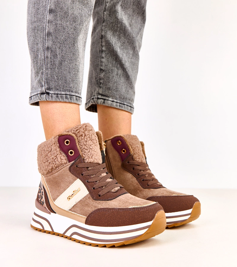Hers Brązowe sneakersy wysokie ocieplane z kożuszkiem