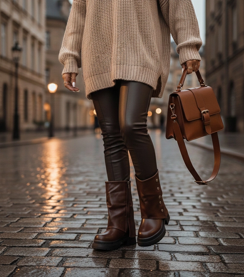 Hers Czekoladowe botki z wywiniętą cholewką na platformie