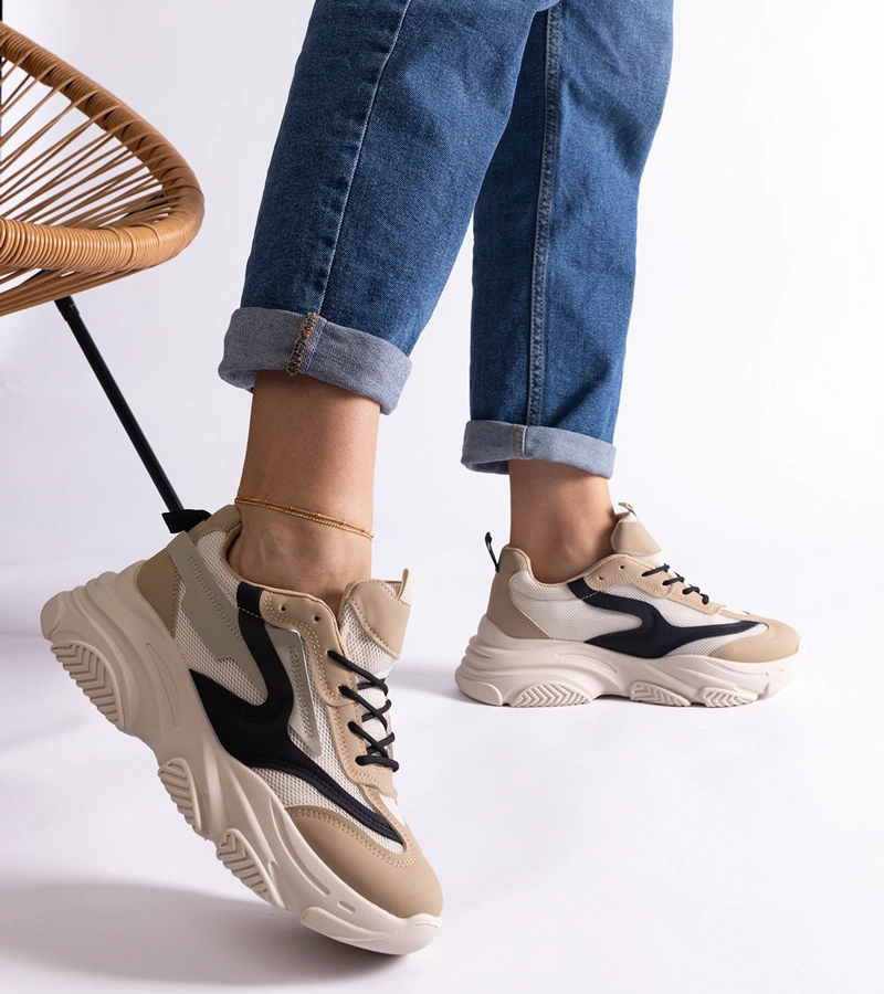 Hers Sneakersy Damskie Beżowo-Czarne z Cechami Szczególnymi