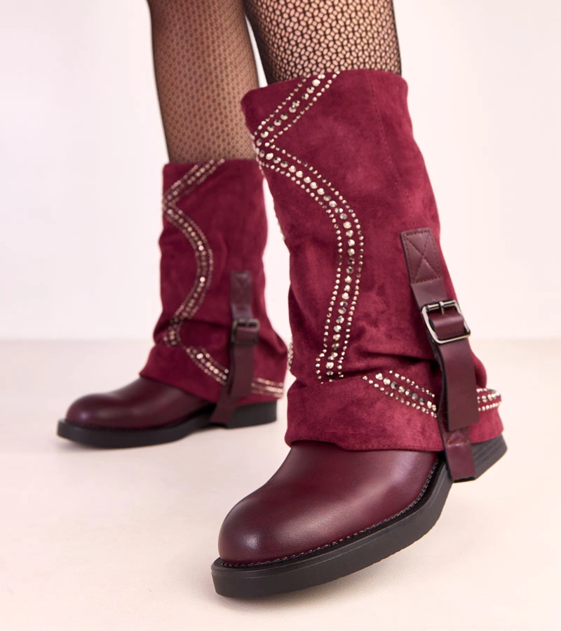 Hers Bordowe botki z wywiniętą cholewką zdobione cyrkoniami