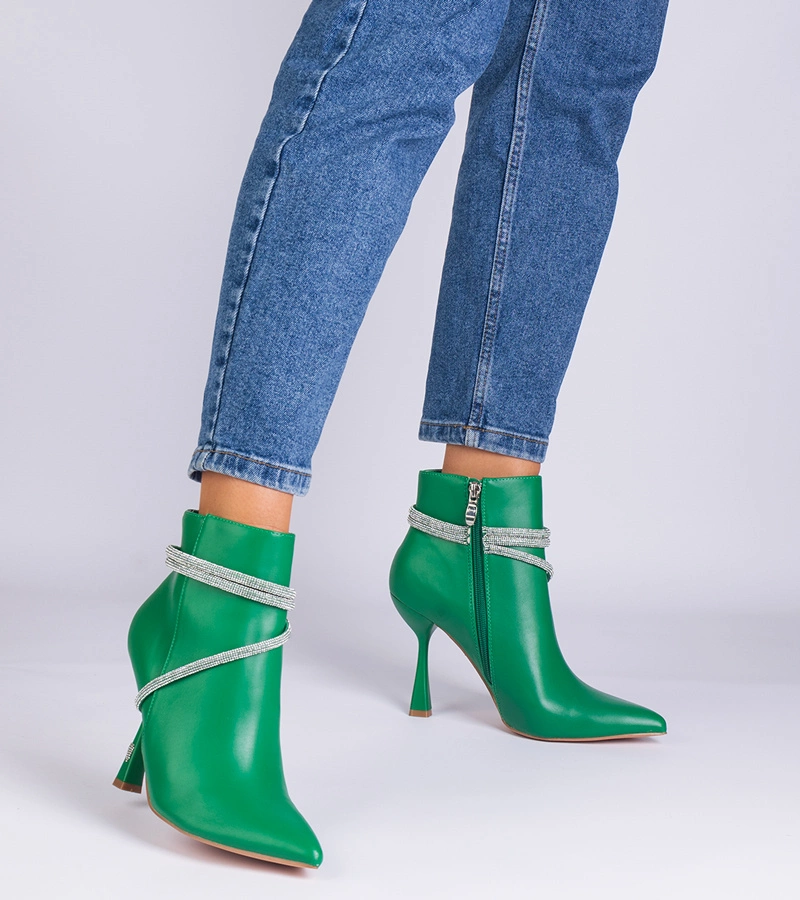 Hers Botki Damskie Zielone na Szpilce z Cyrkoniami