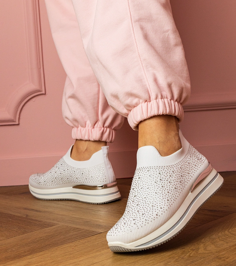 Hers Białe damskie tenisówki na platformie z cyrkoniami