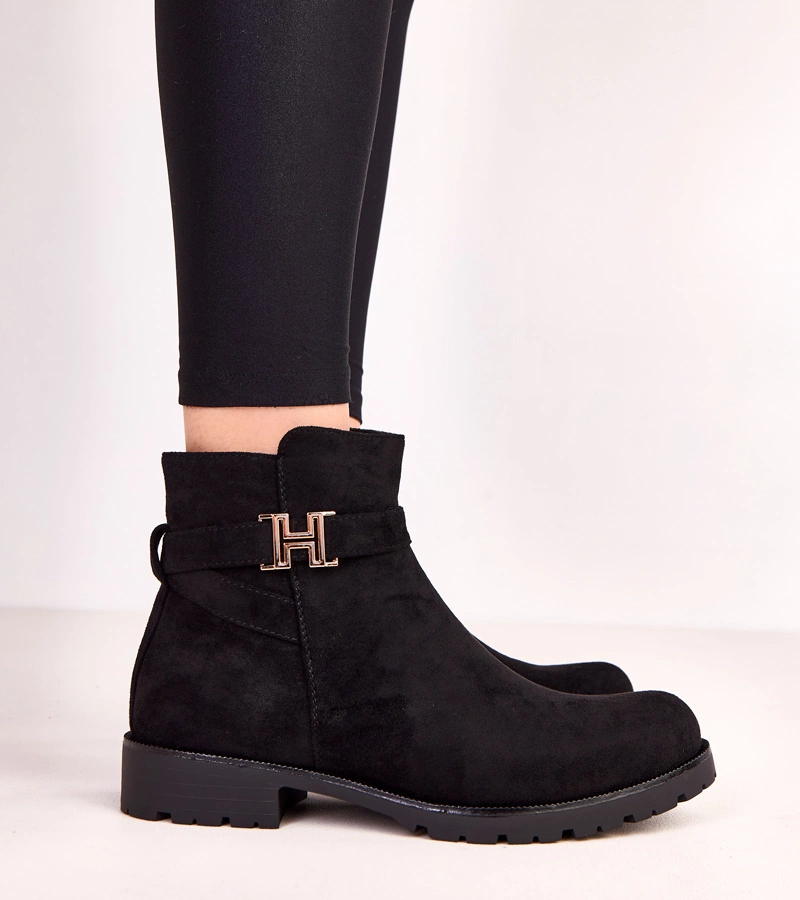 Hers Czarne botki damskie ze złotą ozdobą