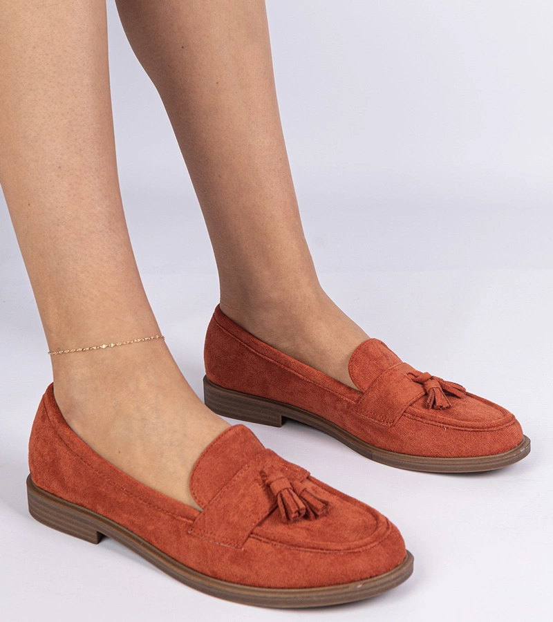 Hers Pomarańczowe mokasyny damskie z ekozamszu z frędzlami