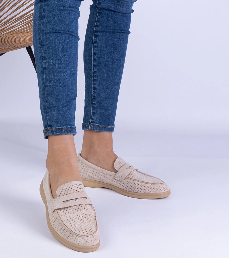 Hers Mokasyny Damskie Beżowe Klasyczne Ażurowe z Ekozamszu