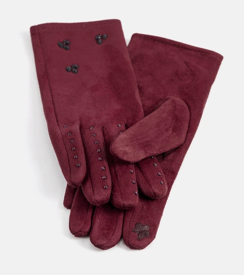 Bordowe rękawiczki z cyrkoniami