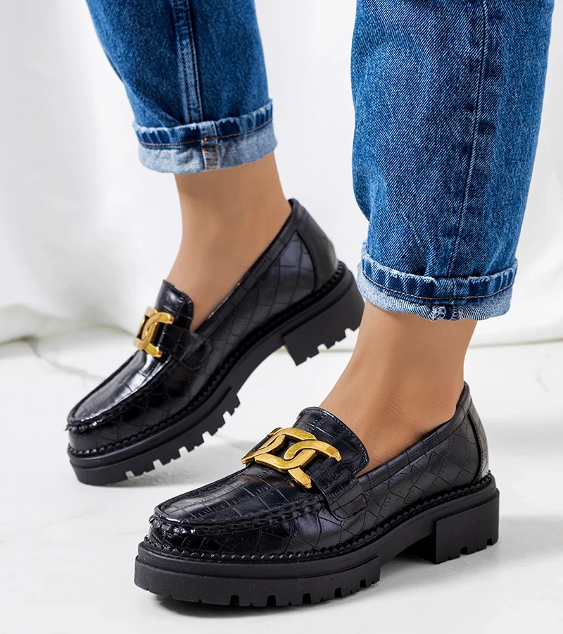 Mokasyny czarne na wysokiej podeszwie