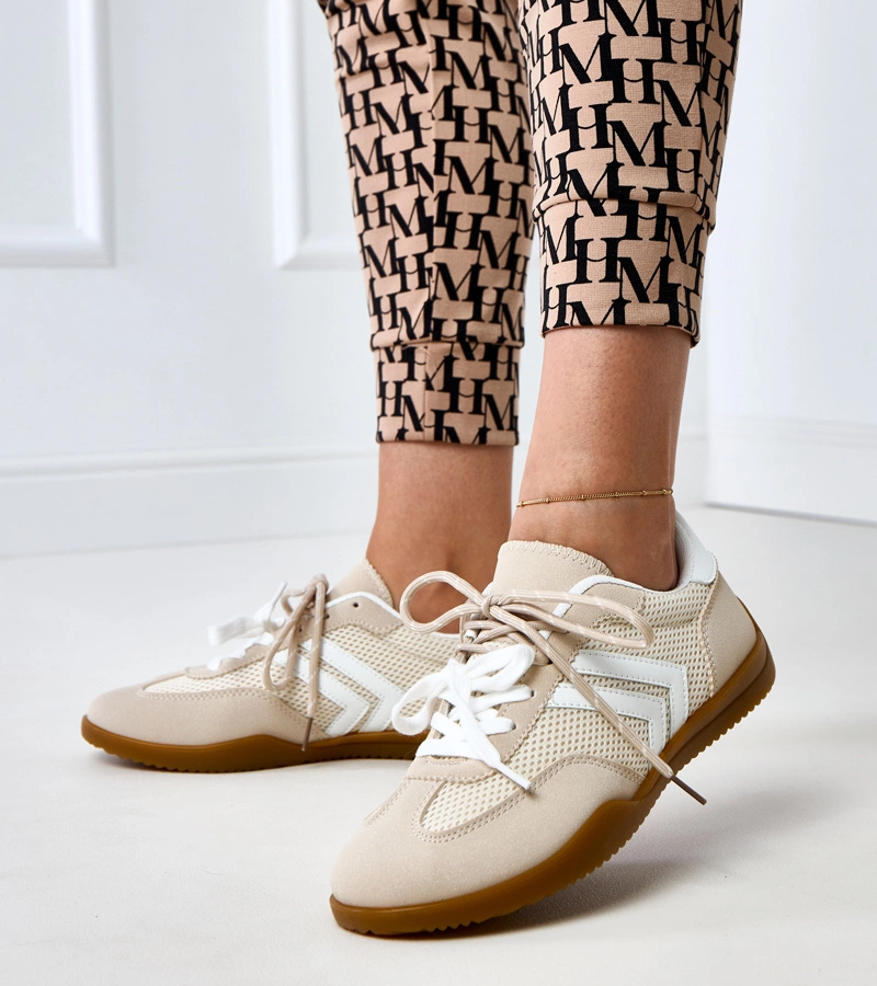 Hers beżowe sneakersy damskie sportowe z białymi paskami