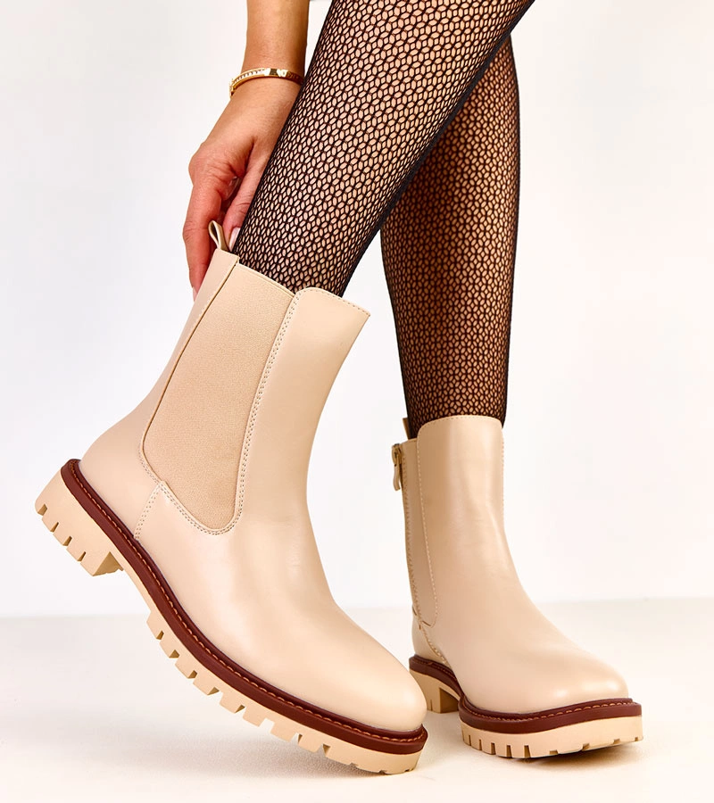 Hers Beżowe botki na płaskiej podeszwie z elastyczną wstawką Terrami