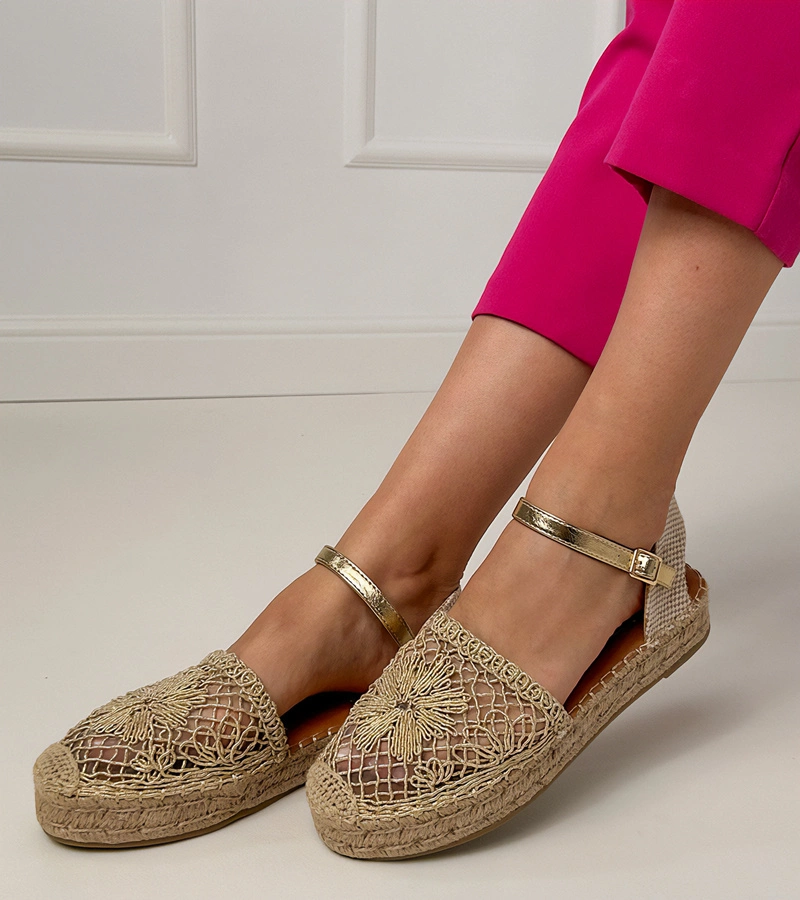 Hers Złote sandały espadryle ażurowe