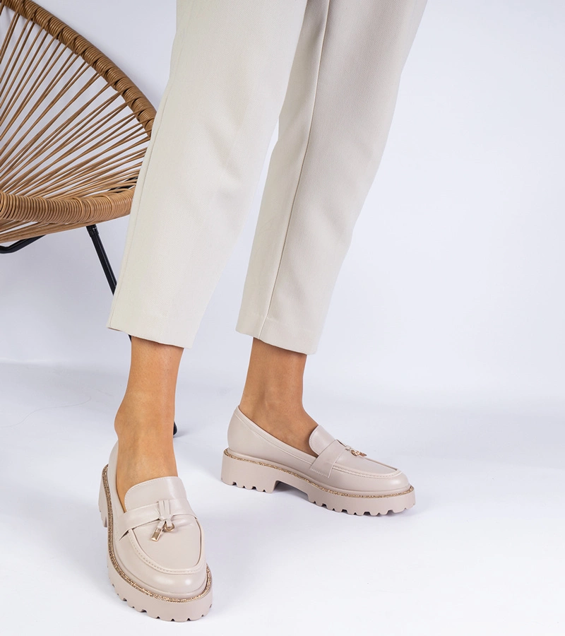 Hers Beżowe mokasyny zdobione cyrkoniami