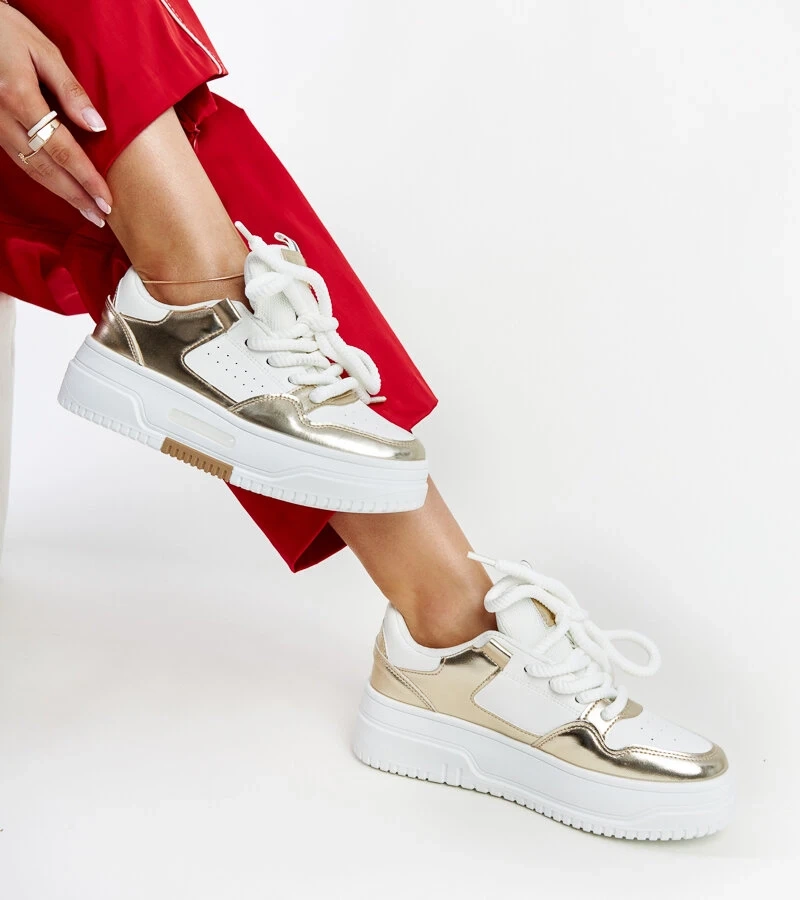 Biało-złote sneakersy na wysokiej platformie