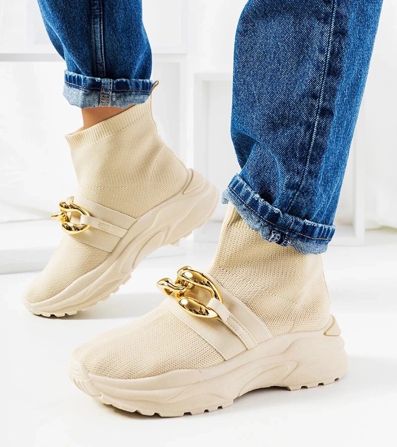 Wsuwane wysokie beżowe sneakersy ze złotą ozdobą