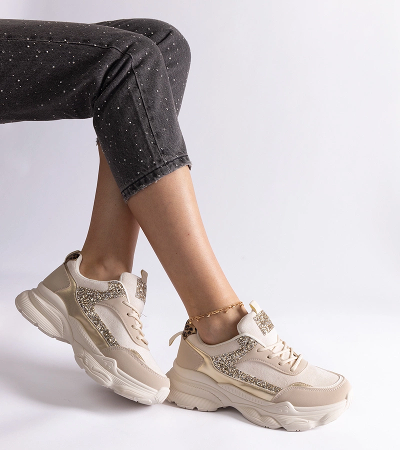 Hers sneakersy damskie beżowe z brokatowymi wstawkami
