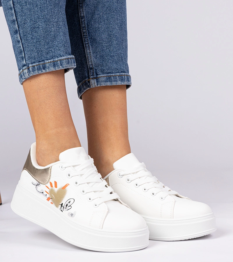 Hers Biało-złote sneakersy trampki sportowe damskie z nadrukiem