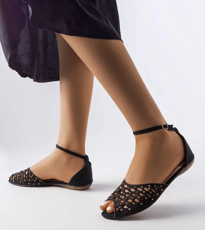 Hers Czarne płaskie sandały zdobione cyrkoniami