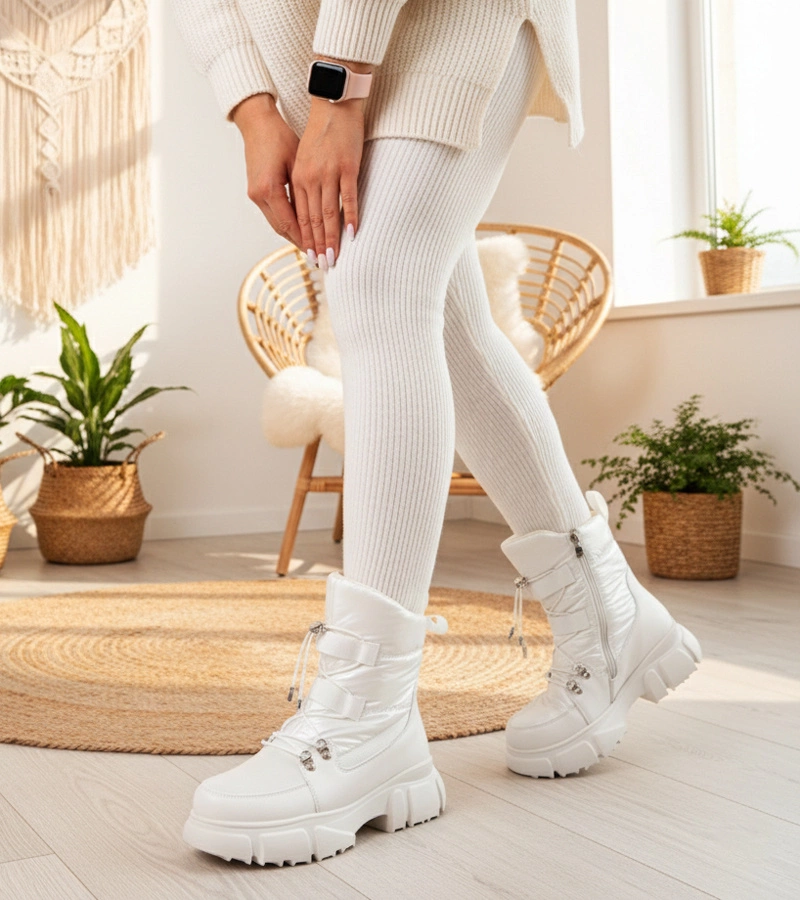 Hers Białe śniegowce z perłową poświatą ocieplane futerkiem