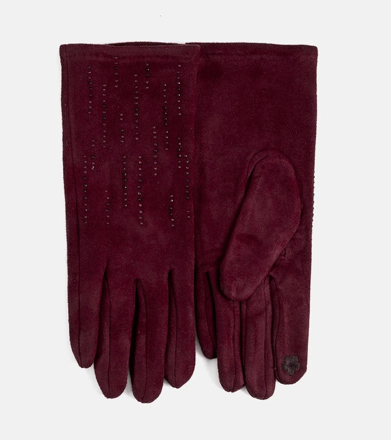 Bordowe rękawiczki z cyrkoniami
