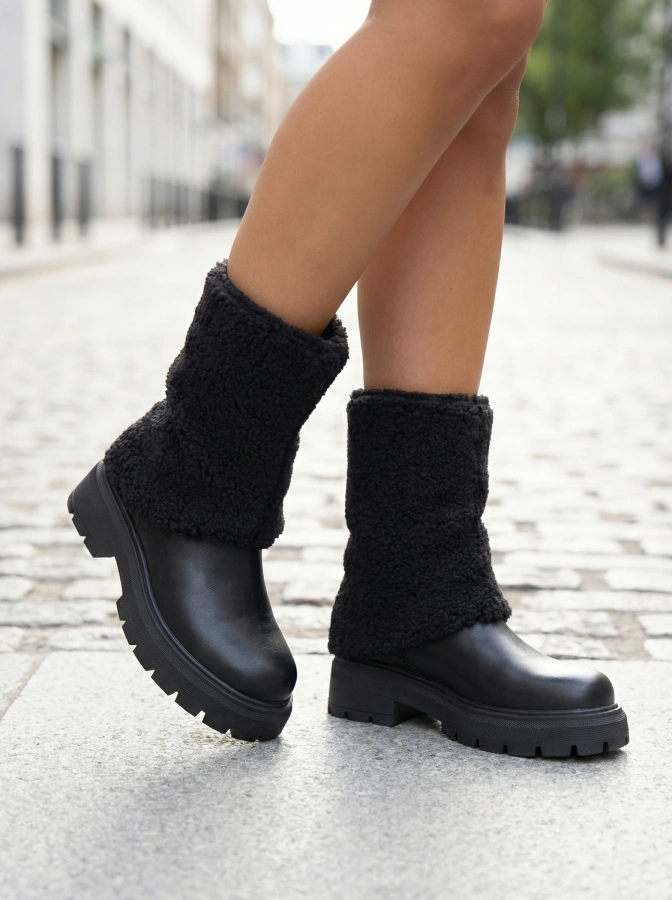Hers Czarne botki z wywiniętą materiałową cholewką