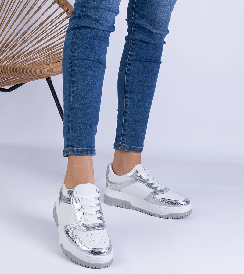 Hers Sneakersy Damskie Srebrne na Grubej Podeszwie