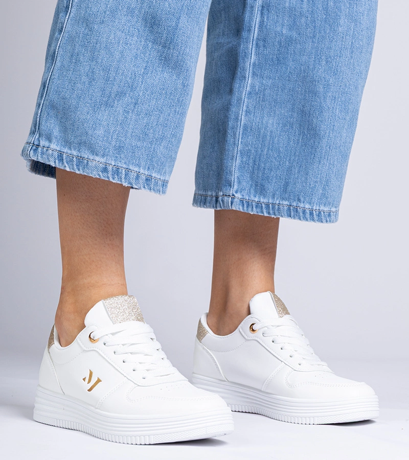 Hers Białe sneakersy damskie ze złotym brokatem