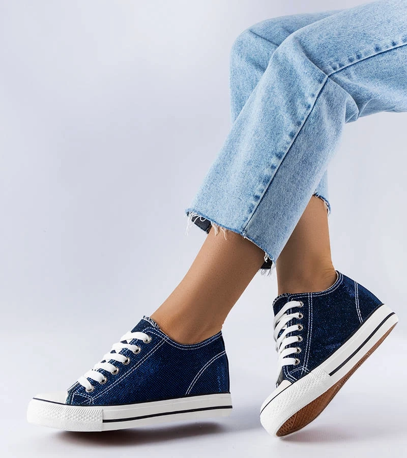 Hers Granatowe trampki na koturnie brokatowe