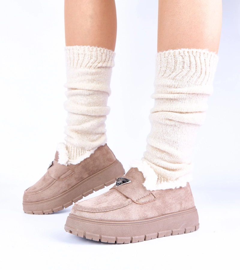 Hers Ciemnobeżowe mokasyny na platformie ocieplane futerkiem