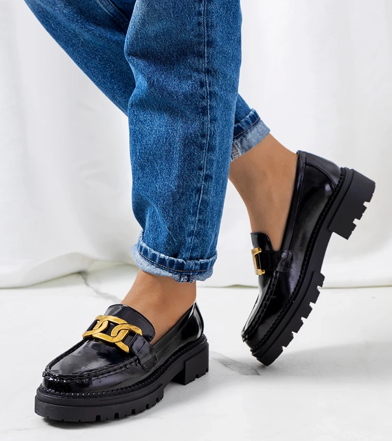 Mokasyny czarne na wysokiej podeszwie