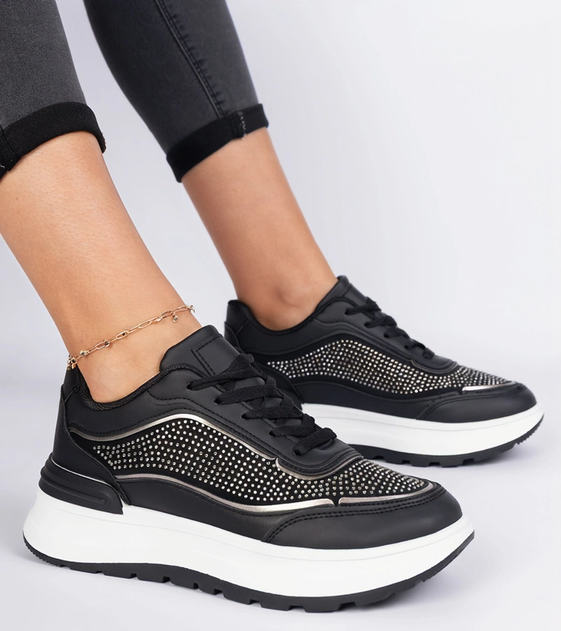 Hers Czarne damskie sneakersy z cyrkoniami